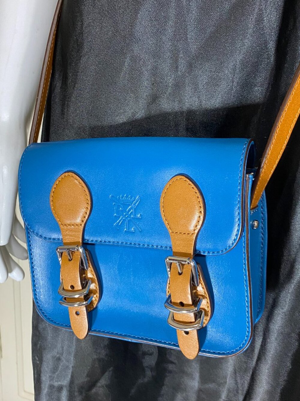 RALPH LAUREN LRL Mini Leather Crossbody Satchel Blue British Tan Logo Saddle Bag